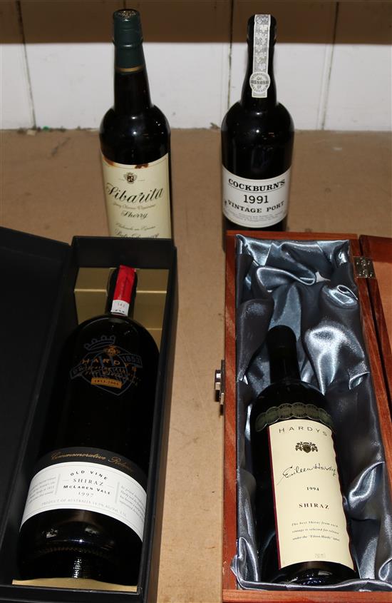 Hardys Eileen Hardy 1994 Shiraz & Hardys 150 year anniversary Shiraz, 1 x Cockburns 91 vintage port and a Sibarita sherry(4)